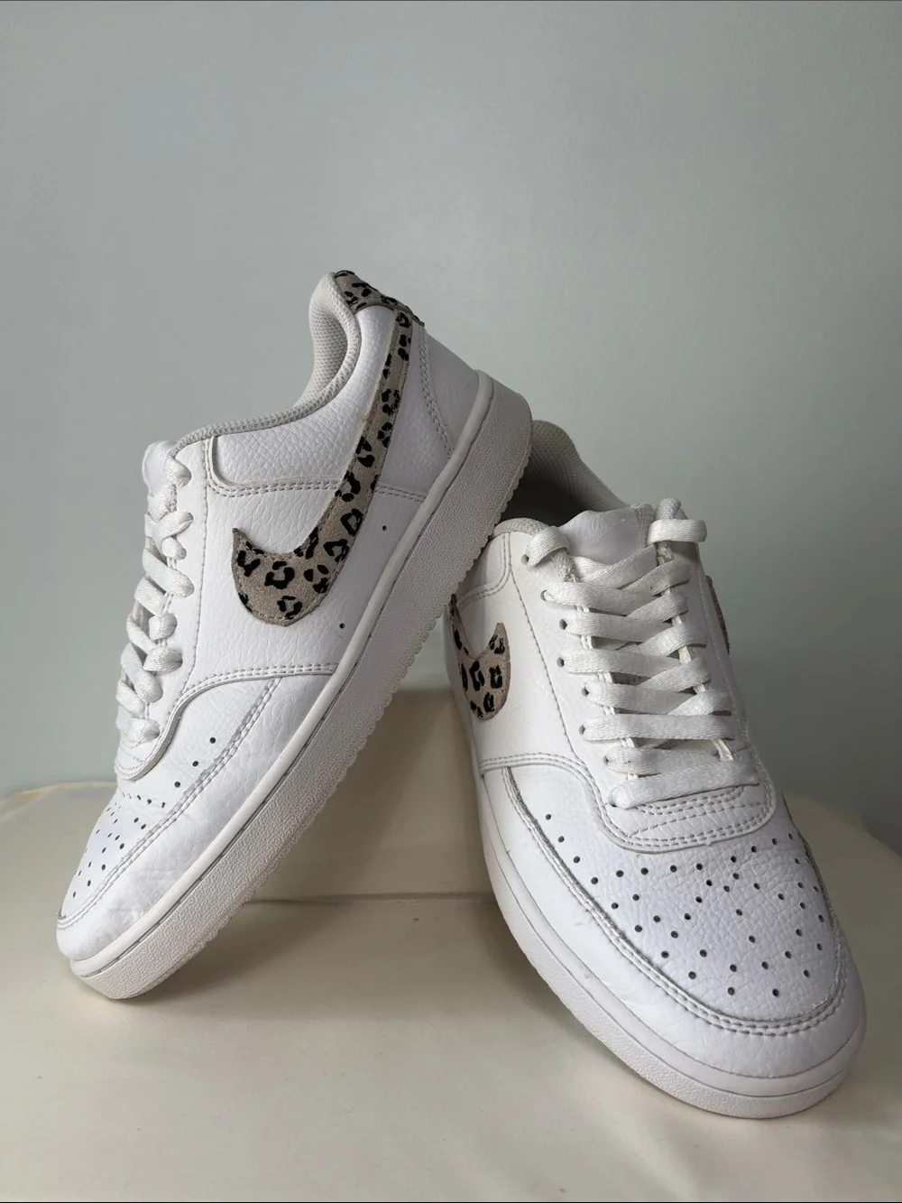 Nike Women's Court Vision Low White Sneakers with Leopard Swoosh